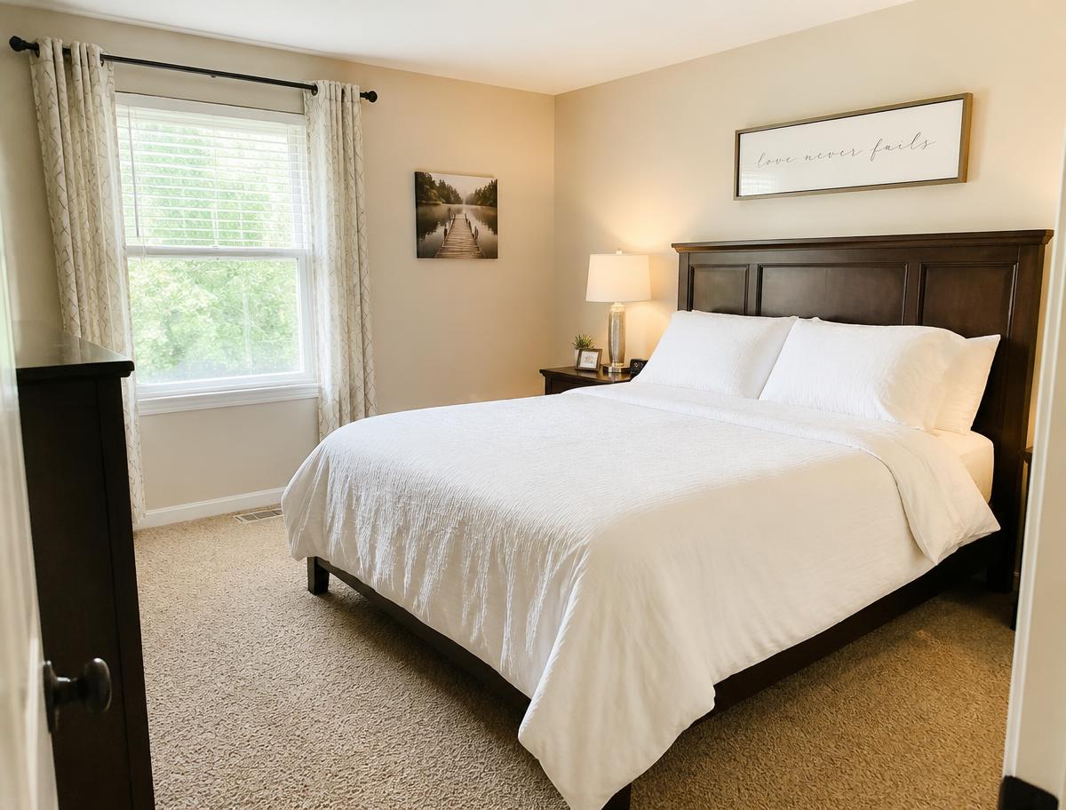 Tidy bedroom with fresh white linens