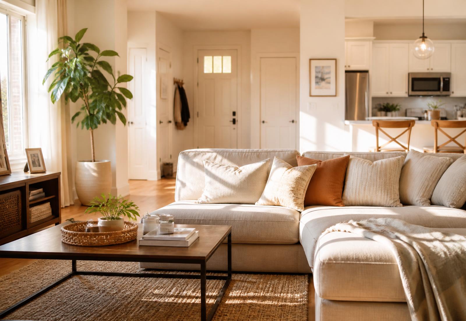 Sunlit, freshly cleaned living room in a family home